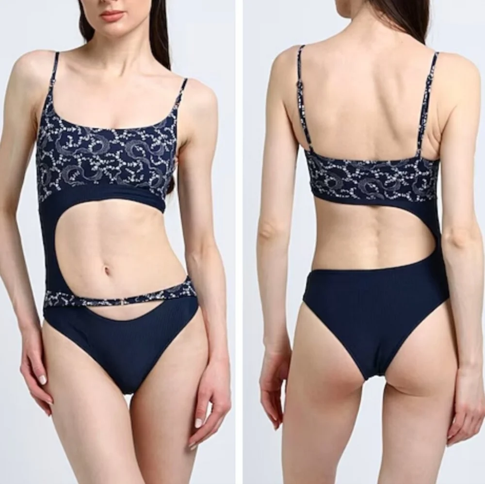 New!Frankie's Bikinis Blue Thea Ribbed One-Piece‎ Swimsuit